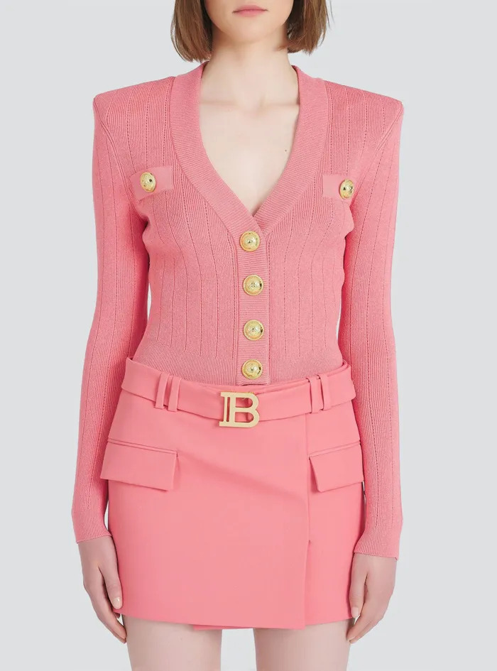 Balmain Knitwear Womens Cropped EcoDesigned Knit Cardigan With GoldTone Buttons Pink Balmain Knitwear Womens Cropped EcoDesigned Knit Cardigan With GoldTone Buttons Pink