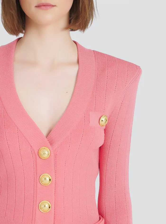 Balmain Knitwear Womens Cropped EcoDesigned Knit Cardigan With GoldTone Buttons Pink Balmain Knitwear Womens Cropped EcoDesigned Knit Cardigan With GoldTone Buttons Pink
