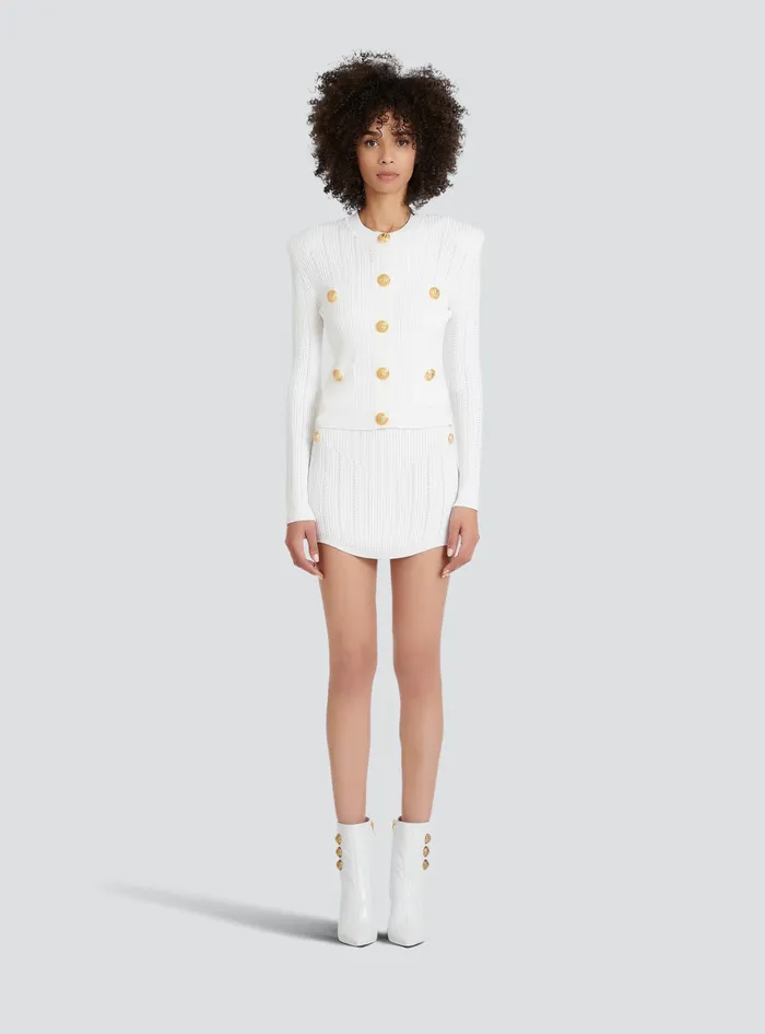 Balmain Knitwear Womens Cropped EcoDesigned Knit Cardigan With GoldTone Buttons White Balmain Knitwear Womens Cropped EcoDesigned Knit Cardigan With GoldTone Buttons White