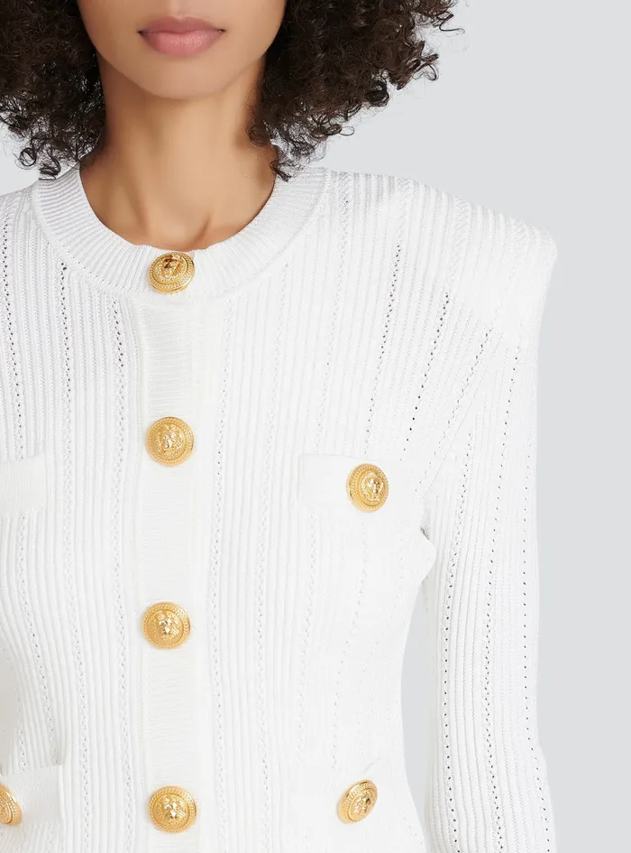 Balmain Knitwear Womens Cropped EcoDesigned Knit Cardigan With GoldTone Buttons White Balmain Knitwear Womens Cropped EcoDesigned Knit Cardigan With GoldTone Buttons White
