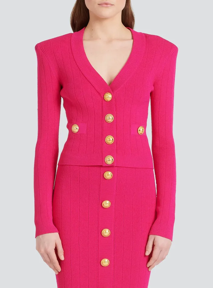 Balmain Knitwear Womens Cropped Knit Cardigan Pink Balmain Knitwear Womens Cropped Knit Cardigan Pink