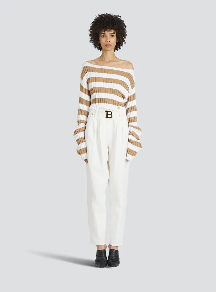 Balmain Knitwear Womens Cropped Nautical EcoDesigned Sweater Beige Balmain Knitwear Womens Cropped Nautical EcoDesigned Sweater Beige