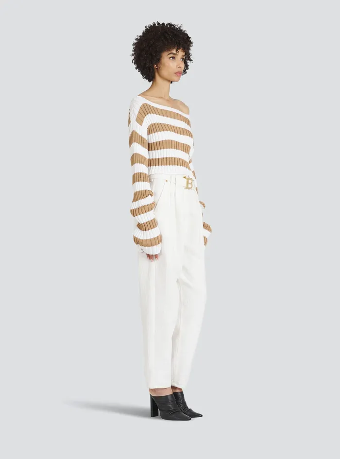 Balmain Knitwear Womens Cropped Nautical EcoDesigned Sweater Beige Balmain Knitwear Womens Cropped Nautical EcoDesigned Sweater Beige