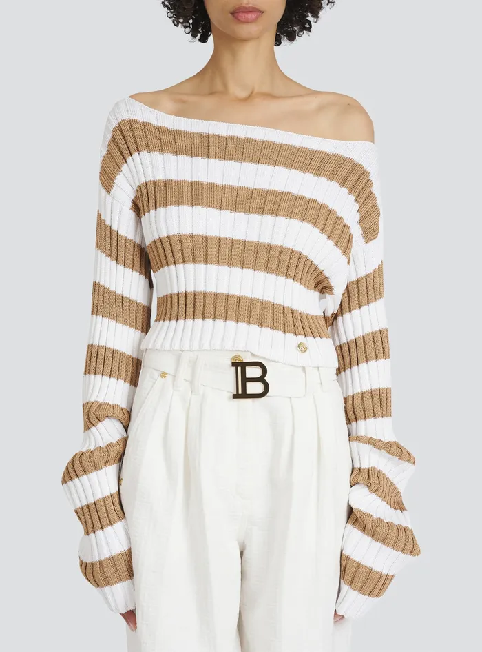Balmain Knitwear Womens Cropped Nautical EcoDesigned Sweater Beige Balmain Knitwear Womens Cropped Nautical EcoDesigned Sweater Beige