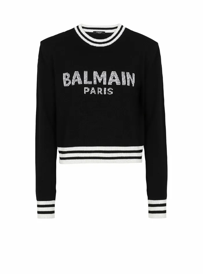 Balmain Knitwear Womens Cropped Wool Sweatshirt With Balmain Logo Black