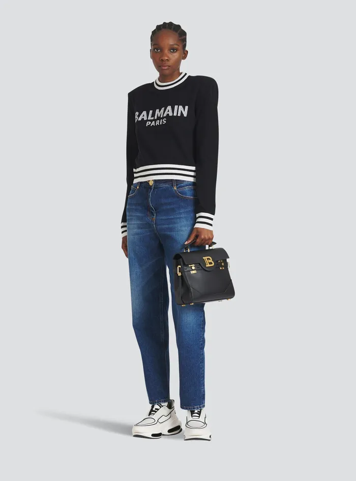 Balmain Knitwear Womens Cropped Wool Sweatshirt With Balmain Logo Black