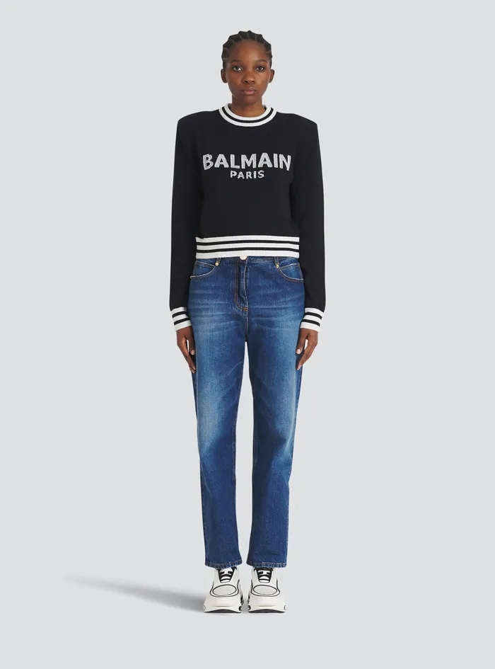 Balmain Knitwear Womens Cropped Wool Sweatshirt With Balmain Logo Black