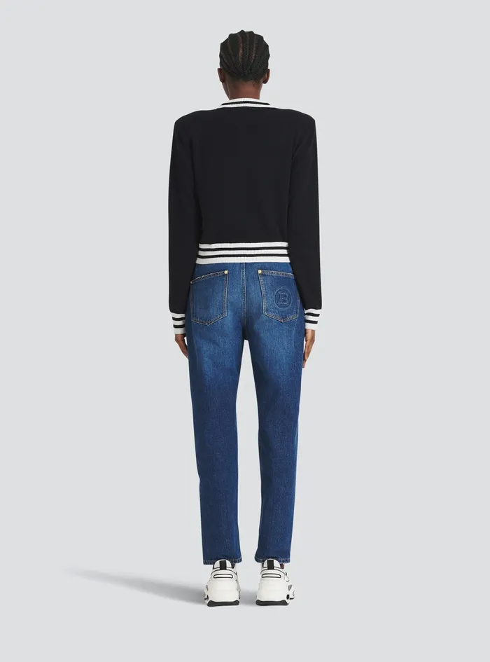 Balmain Knitwear Womens Cropped Wool Sweatshirt With Balmain Logo Black