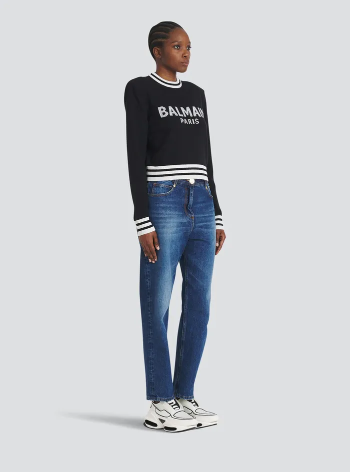 Balmain Knitwear Womens Cropped Wool Sweatshirt With Balmain Logo Black