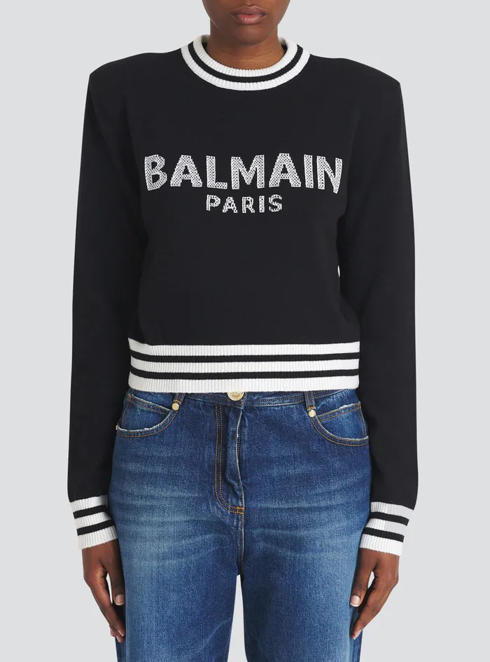 Balmain Knitwear Womens Cropped Wool Sweatshirt With Balmain Logo Black