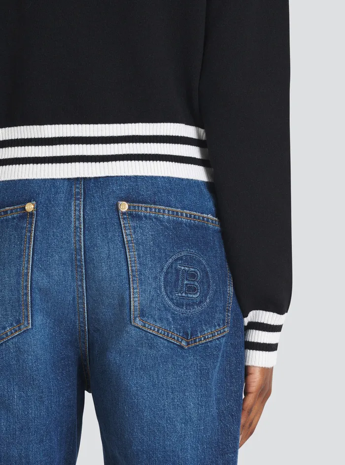 Balmain Knitwear Womens Cropped Wool Sweatshirt With Balmain Logo Black