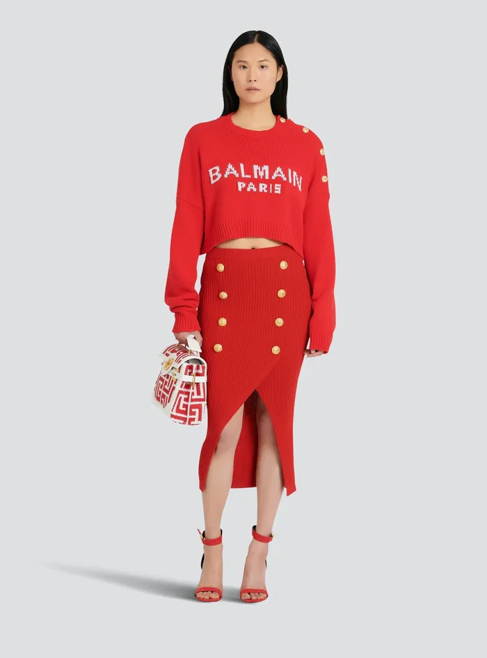 Balmain Knitwear Womens High Summer Capsule 8211 Cropped Knit Sweater With Balmain Logo Print Red