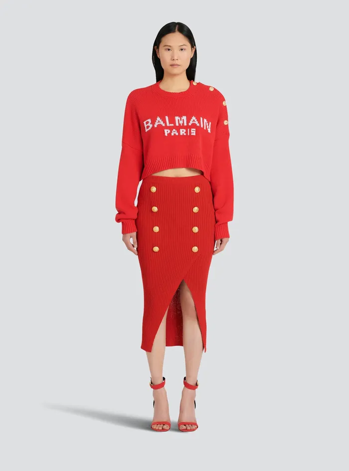Balmain Knitwear Womens High Summer Capsule 8211 Cropped Knit Sweater With Balmain Logo Print Red