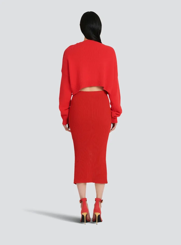 Balmain Knitwear Womens High Summer Capsule 8211 Cropped Knit Sweater With Balmain Logo Print Red