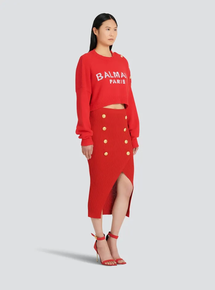Balmain Knitwear Womens High Summer Capsule 8211 Cropped Knit Sweater With Balmain Logo Print Red