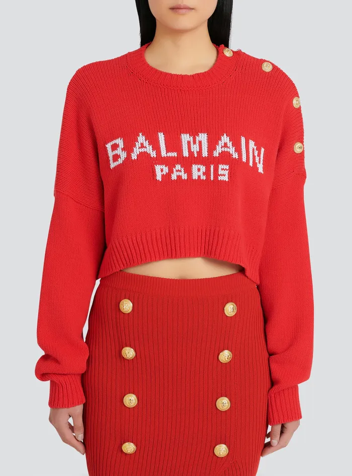 Balmain Knitwear Womens High Summer Capsule 8211 Cropped Knit Sweater With Balmain Logo Print Red