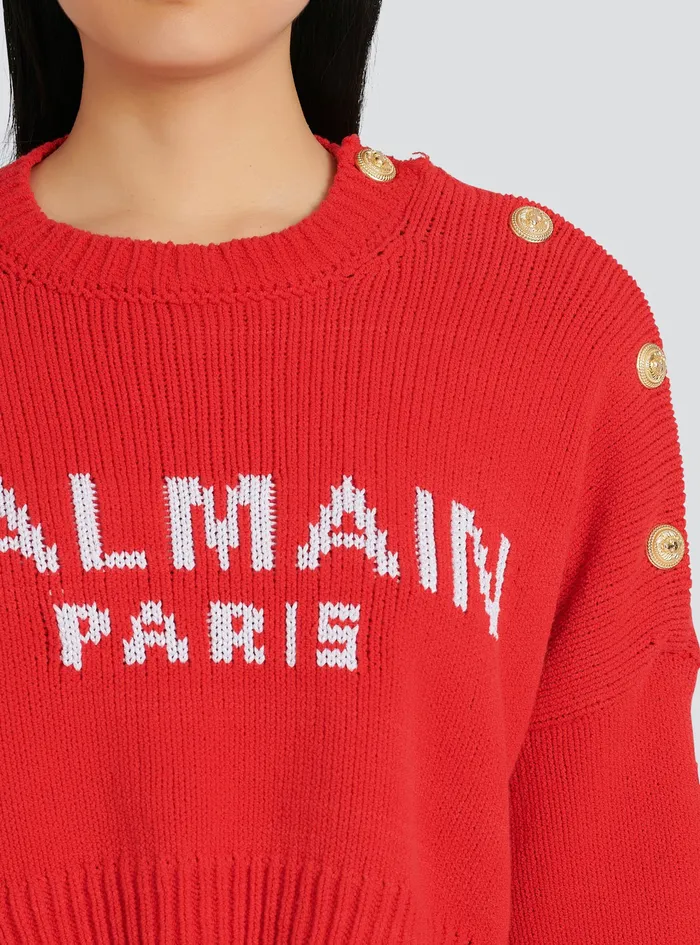 Balmain Knitwear Womens High Summer Capsule 8211 Cropped Knit Sweater With Balmain Logo Print Red