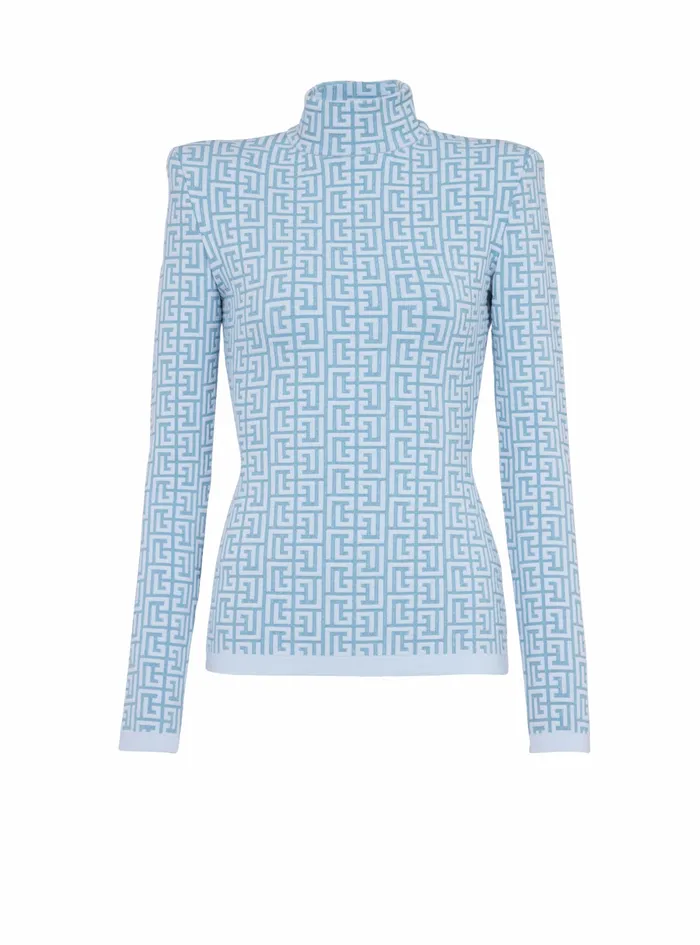 Balmain Knitwear Womens Knit Sweater With Balmain Monogram Blue
