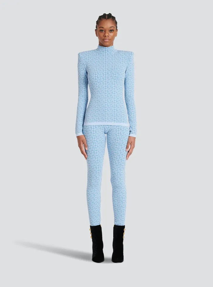 Balmain Knitwear Womens Knit Sweater With Balmain Monogram Blue Balmain Knitwear Womens Knit Sweater With Balmain Monogram Blue