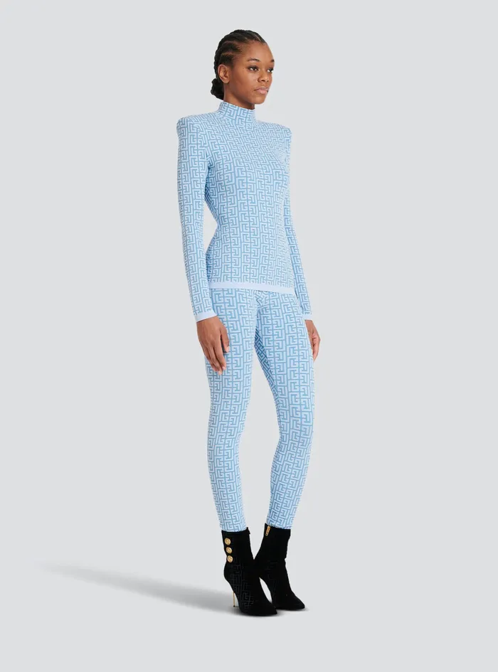 Balmain Knitwear Womens Knit Sweater With Balmain Monogram Blue Balmain Knitwear Womens Knit Sweater With Balmain Monogram Blue