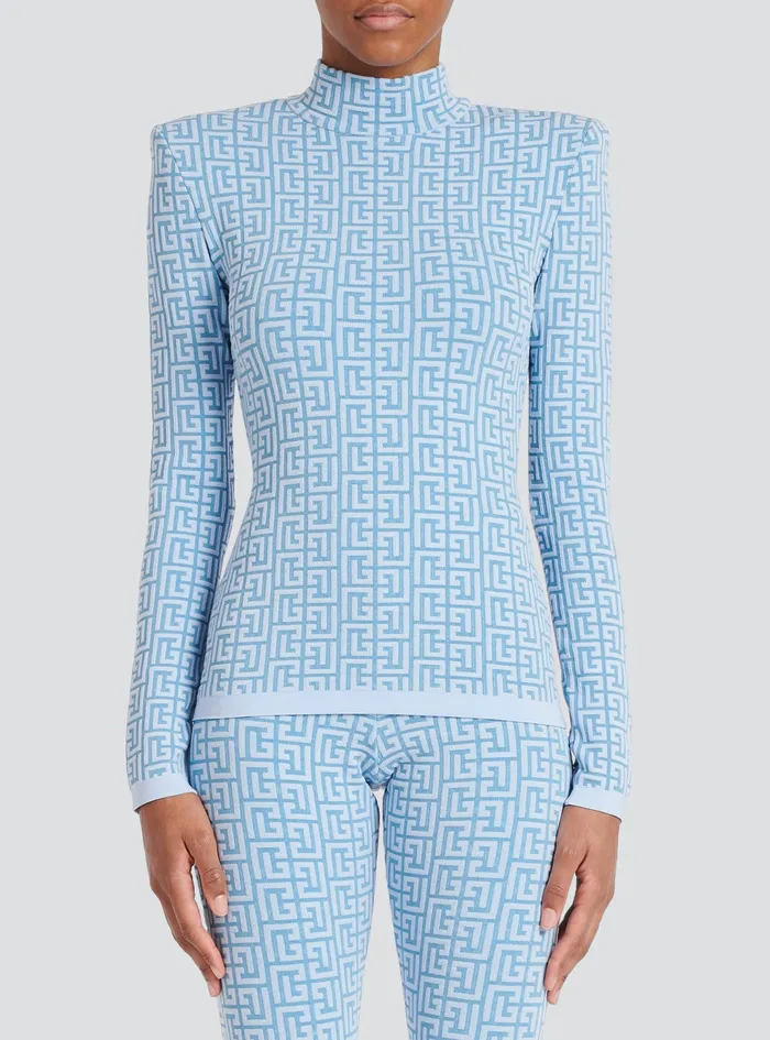 Balmain Knitwear Womens Knit Sweater With Balmain Monogram Blue Balmain Knitwear Womens Knit Sweater With Balmain Monogram Blue