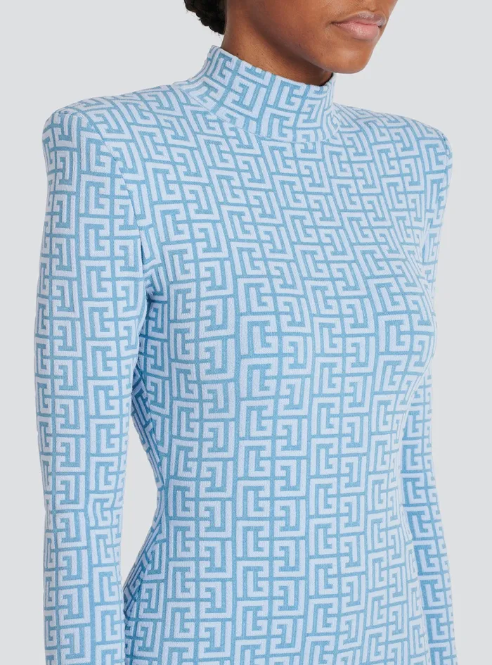 Balmain Knitwear Womens Knit Sweater With Balmain Monogram Blue Balmain Knitwear Womens Knit Sweater With Balmain Monogram Blue