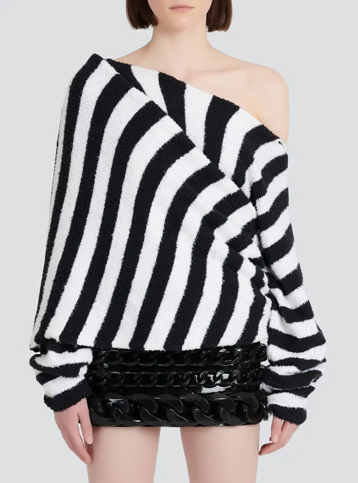 Balmain Knitwear Womens Striped EcoDesigned Cotton Cropped Sweater Black