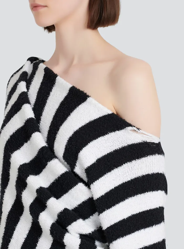 Balmain Knitwear Womens Striped EcoDesigned Cotton Cropped Sweater Black