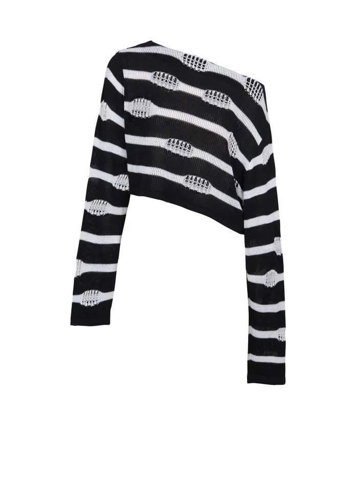 Balmain Knitwear Womens Striped OffTheShoulder Destroyed Crop Top Black