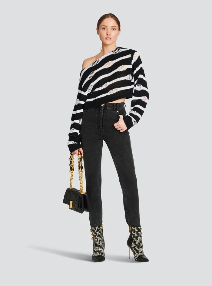 Balmain Knitwear Womens Striped OffTheShoulder Destroyed Crop Top Black