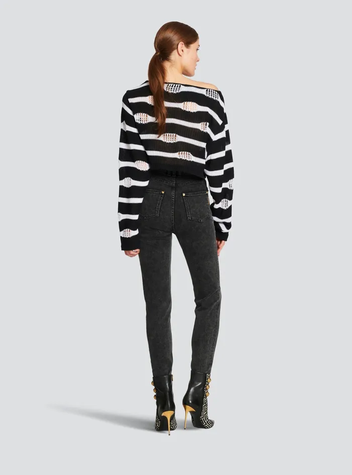 Balmain Knitwear Womens Striped OffTheShoulder Destroyed Crop Top Black