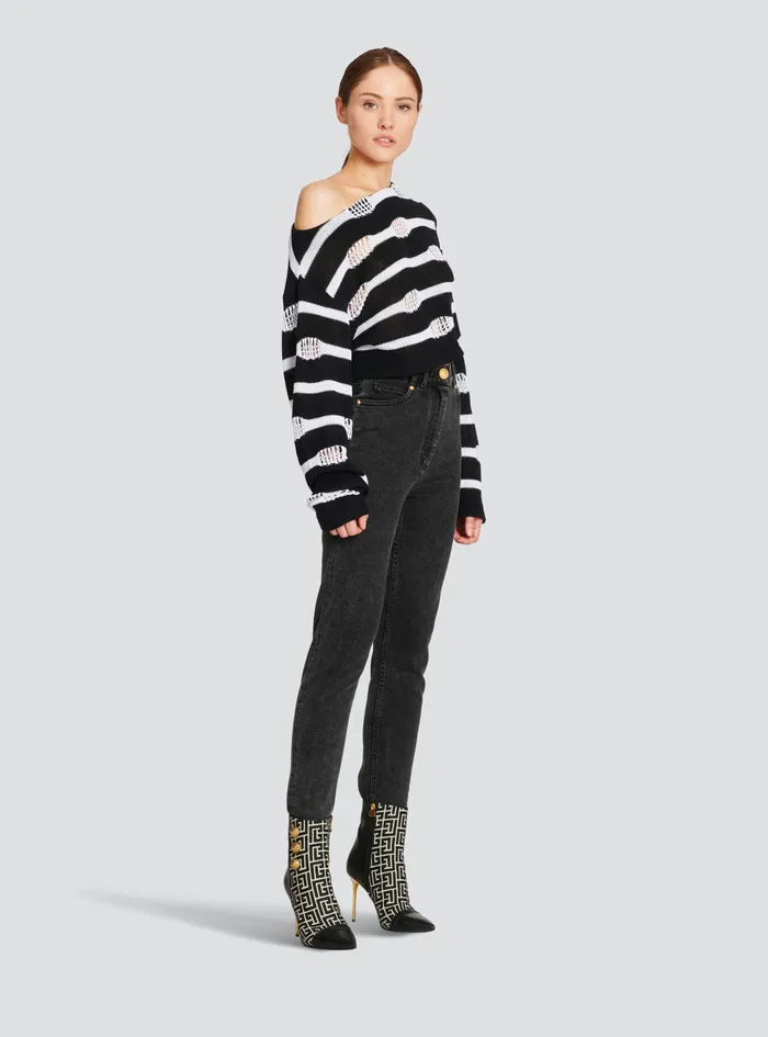 Balmain Knitwear Womens Striped OffTheShoulder Destroyed Crop Top Black