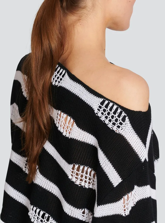 Balmain Knitwear Womens Striped OffTheShoulder Destroyed Crop Top Black