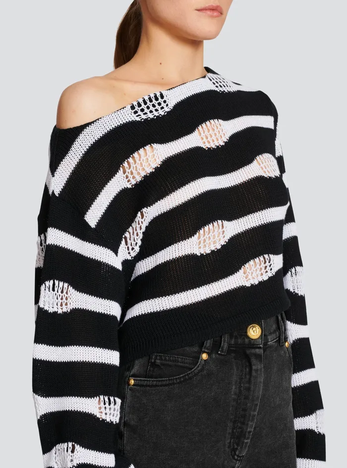 Balmain Knitwear Womens Striped OffTheShoulder Destroyed Crop Top Black
