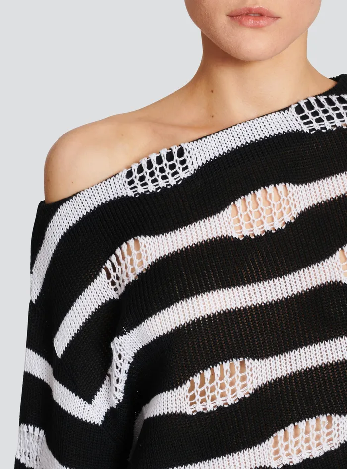 Balmain Knitwear Womens Striped OffTheShoulder Destroyed Crop Top Black