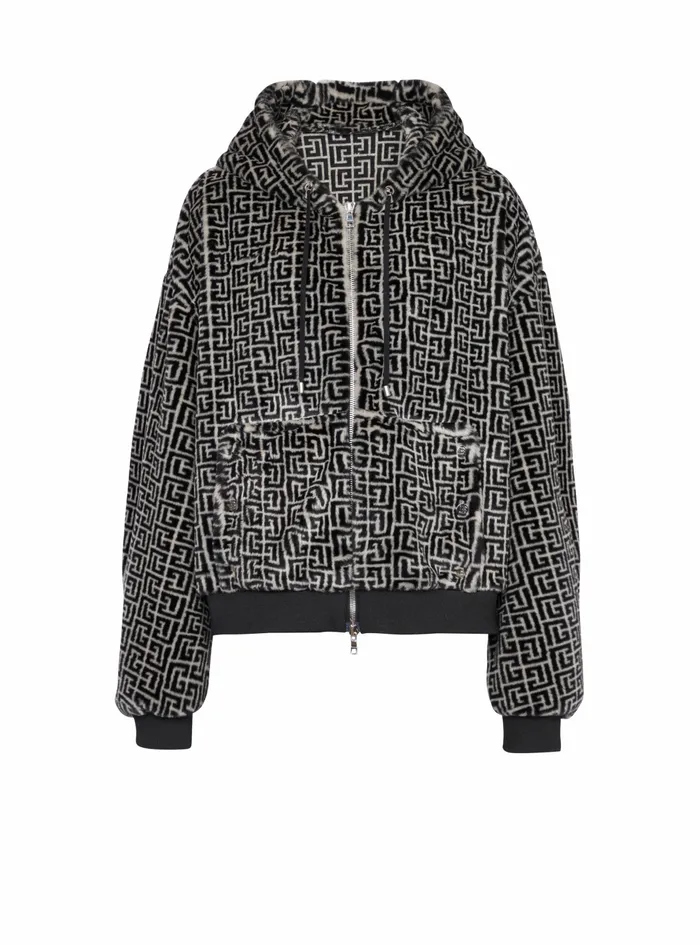 Balmain Outerwear Mens Hooded Faux Fur Sweatshirt With Balmain Monogram Black Balmain Outerwear Mens Hooded Faux Fur Sweatshirt With Balmain Monogram Black
