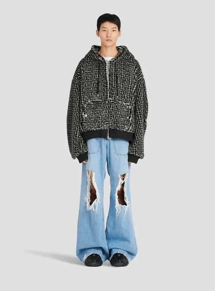 Balmain Outerwear Mens Hooded Faux Fur Sweatshirt With Balmain Monogram Black Balmain Outerwear Mens Hooded Faux Fur Sweatshirt With Balmain Monogram Black