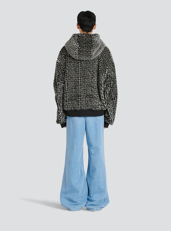 Balmain Outerwear Mens Hooded Faux Fur Sweatshirt With Balmain Monogram Black Balmain Outerwear Mens Hooded Faux Fur Sweatshirt With Balmain Monogram Black