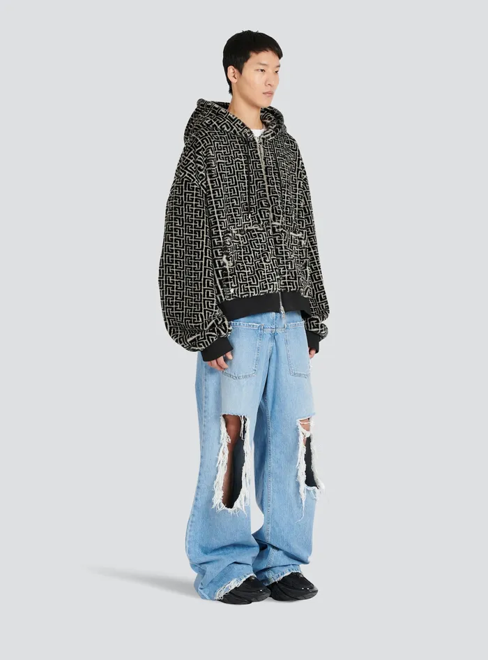 Balmain Outerwear Mens Hooded Faux Fur Sweatshirt With Balmain Monogram Black Balmain Outerwear Mens Hooded Faux Fur Sweatshirt With Balmain Monogram Black
