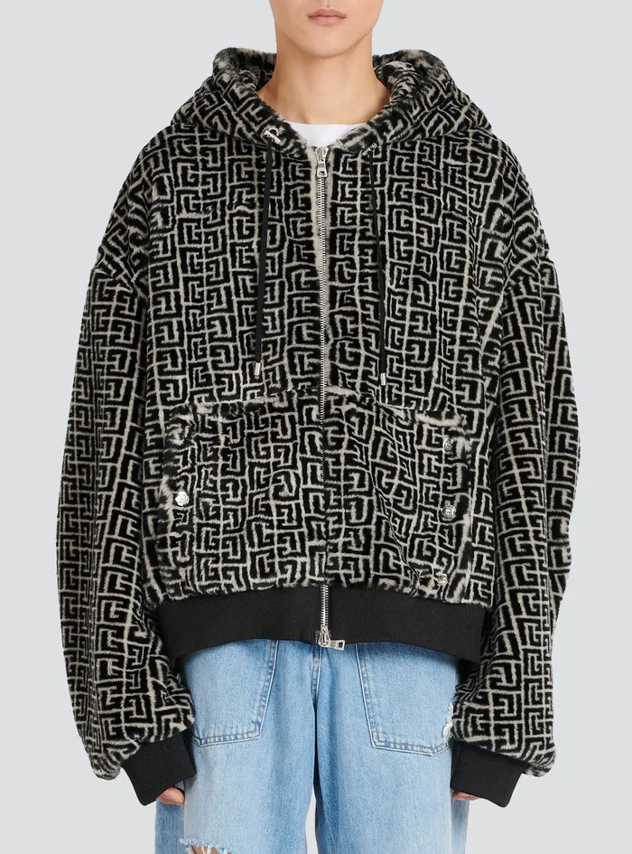 Balmain Outerwear Mens Hooded Faux Fur Sweatshirt With Balmain Monogram Black Balmain Outerwear Mens Hooded Faux Fur Sweatshirt With Balmain Monogram Black