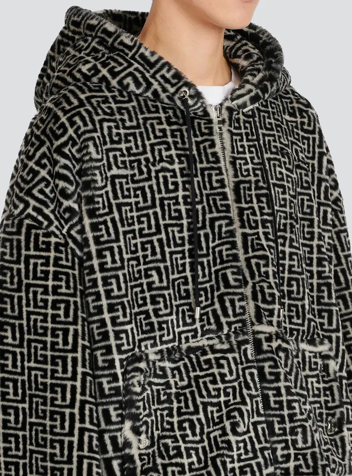 Balmain Outerwear Mens Hooded Faux Fur Sweatshirt With Balmain Monogram Black Balmain Outerwear Mens Hooded Faux Fur Sweatshirt With Balmain Monogram Black