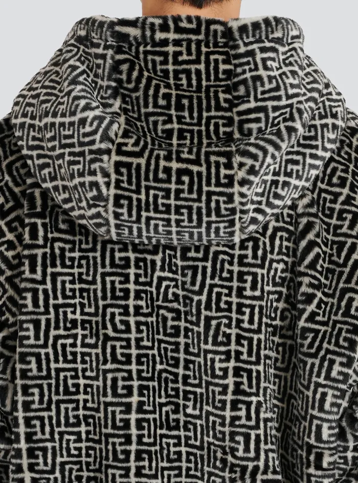 Balmain Outerwear Mens Hooded Faux Fur Sweatshirt With Balmain Monogram Black Balmain Outerwear Mens Hooded Faux Fur Sweatshirt With Balmain Monogram Black