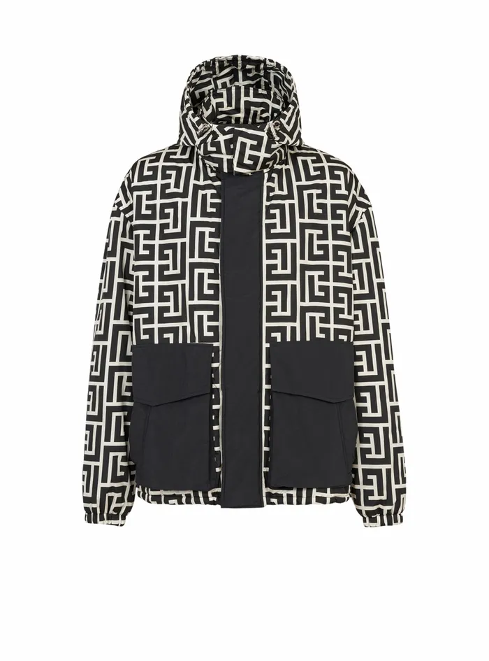 Balmain Outerwear Mens Hooded Nylon Jacket With Maxi Balmain Monogram Black