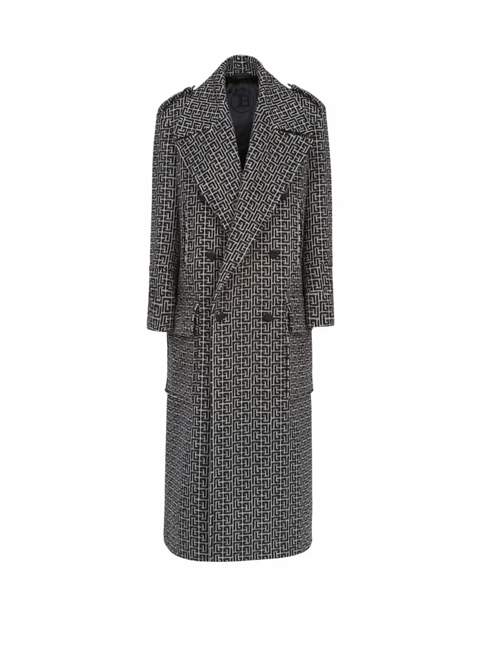 Balmain Outerwear Mens Long Balmain Monogram Wool Coat Black
