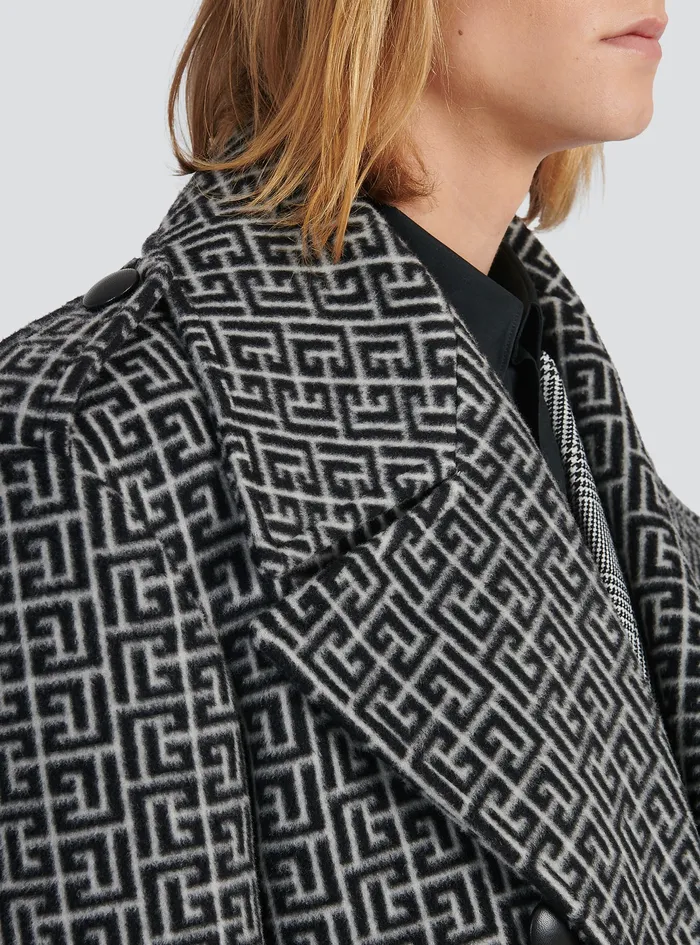 Balmain Outerwear Mens Long Balmain Monogram Wool Coat Black