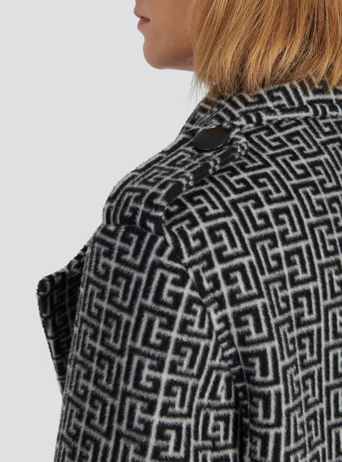 Balmain Outerwear Mens Long Balmain Monogram Wool Coat Black