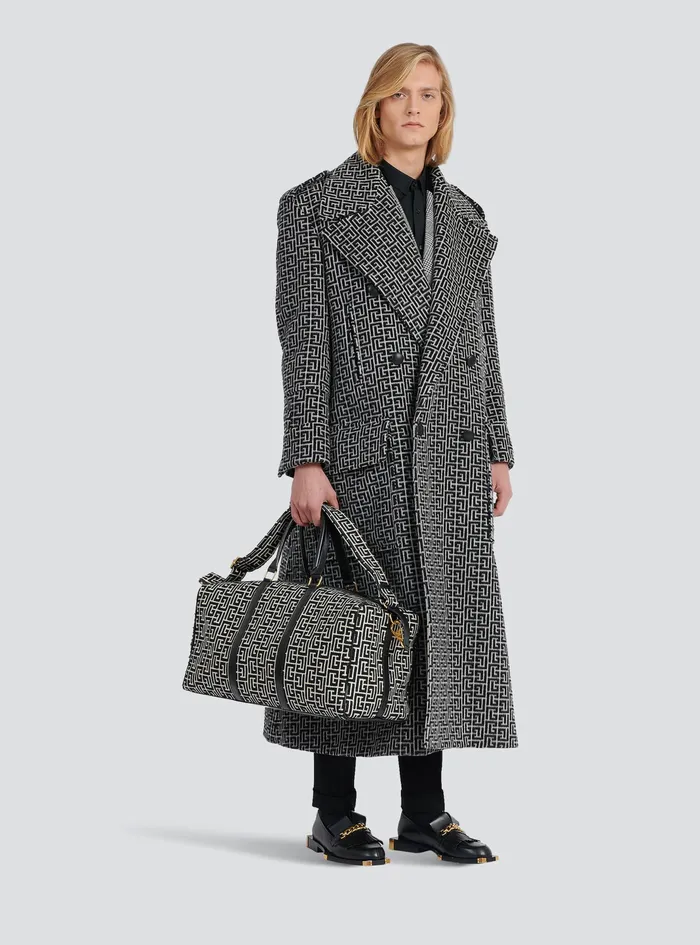 Balmain Outerwear Mens Long Balmain Monogram Wool Coat Black