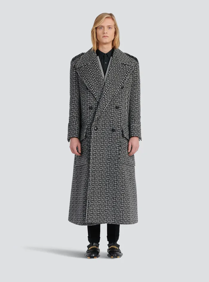 Balmain Outerwear Mens Long Balmain Monogram Wool Coat Black