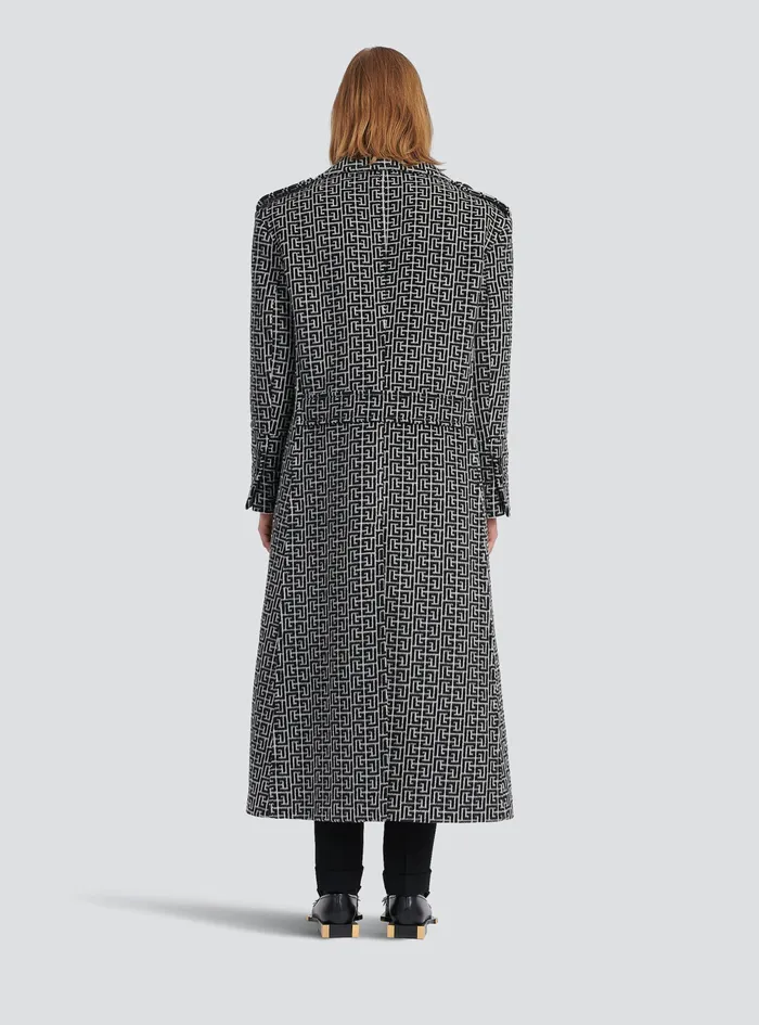 Balmain Outerwear Mens Long Balmain Monogram Wool Coat Black