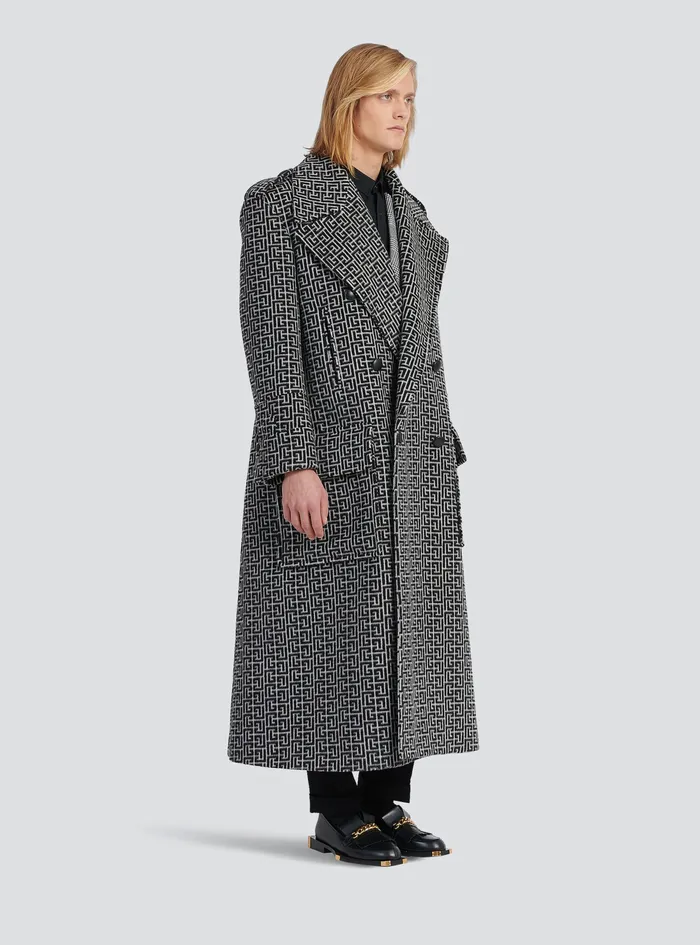 Balmain Outerwear Mens Long Balmain Monogram Wool Coat Black